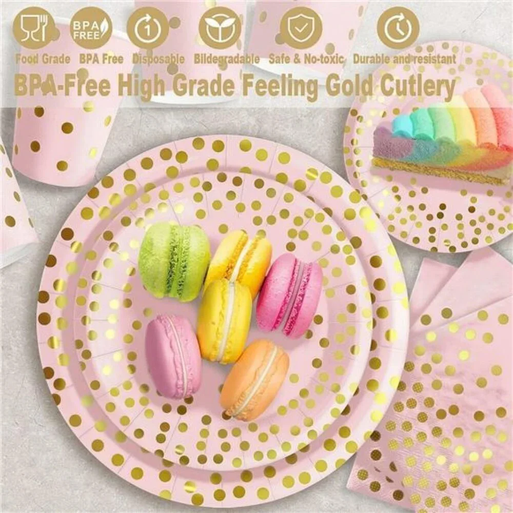 Pink Rose Gold Party Supplies Set for 25 Guests Plates Cups Napkins Cutlery